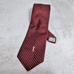 Yves Saint Laurent YSL Mens Silk Tie Embroidered Logo Vintage Luxury Red Pok Dot